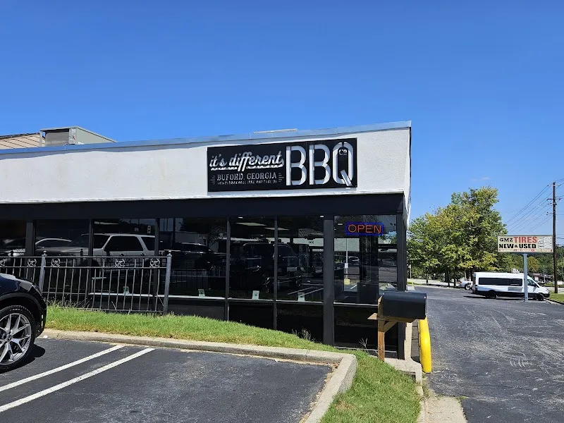 Exterior of Its Different BBQ restaurant in Buford Georgia with open sign
